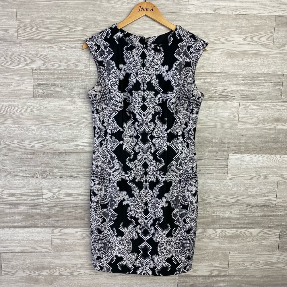 R&K Black&White Lacy Print Sheath Sleeveless dress